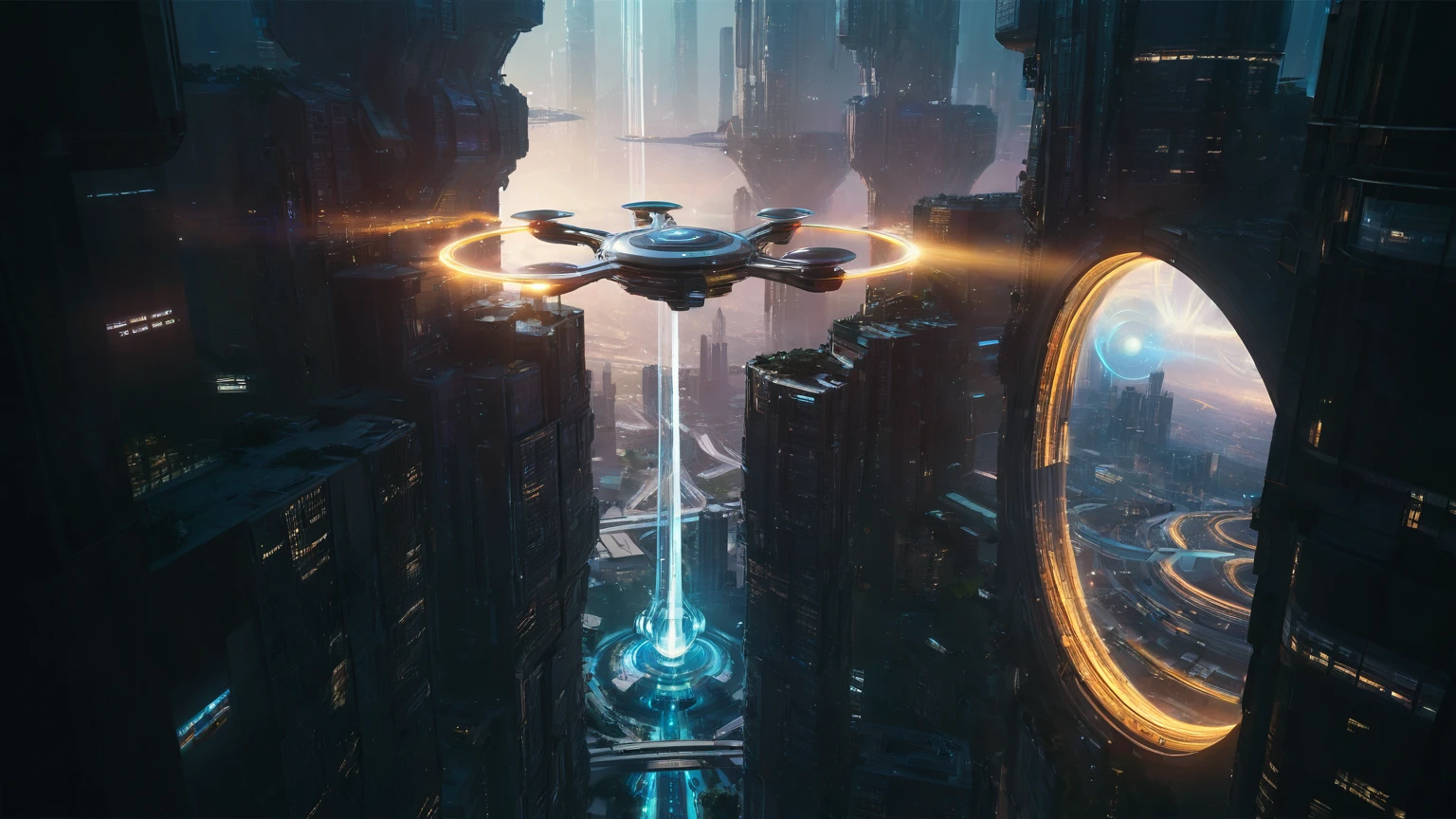 brightly colored abstract image of a space station with a spiral, epic beautiful space scifi, chaotic cinematic space rift, greg beeple, (((((flying cars, 1drone))))), planets colliding, beeple and tim hildebrandt, beeple and jean giraud, end of the universe, galaxy space sci-fi, ringworld, by Mike "Beeple" Winkelmann. Matrix style, (((((Matrix cascading code))))), (((((a futuristic twin tower skyscraper with a unique twisted design))))), (((((OLED GUI interfaces in the building))))), at night, (((((1girl, solo))))), photo realistic, (((large-breast:1.2 slim body, cleavage))), (((off broken mini sling-shirt and black sling bra, extreamly short pleated miniskirt exposing panty))), (((((running pose))))), (((((((matrix style black micro sunglasses))))))), ((((((((((aiming with a short gun)))))))))), (((((looking at camera))))), (((very low view))), (((((half-body thigh level medium shot))))), (((cinematic lighting))).