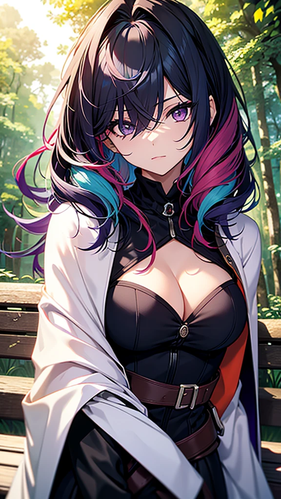 1girl, solo, young, medium long hair, breasts, black hair, blue tips, cleavage, hair between eyes, medium breasts, purple eyes, upper body, white hair, multicolored hair, outdoors, two-tone hair, cape , up , bench, cover In the forest