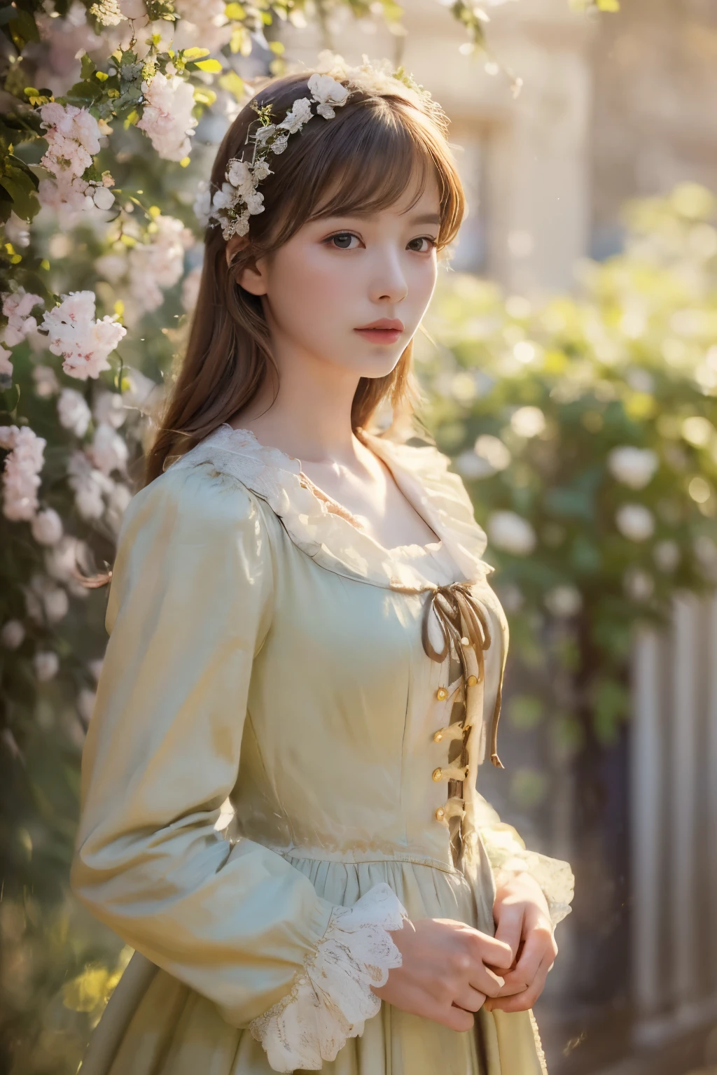 
((masterpiece:1.4, Highest quality)), (Realistic photos:1.4), 
((1 girl)), (Otherworldly beauty), (dream-like),
(超High resolution:1.2), Very delicate and beautiful, wonderful, Very detailedな CG Unity 8k 壁紙, Very detailed, High resolution, 
Soft Light, Beautiful detailed girl, Very detailedな目と顔, Beautiful and detailed nose, Beautiful and detailed, 
(Dressed in late 19th century French costume:1.3),
Cinema Lighting, Perfect Anatomy, Slender body, (Parted bangs),
(With the Impressionist masterpiece as a backdrop:1.5), (Impressionist light and colour), 
Cowboy Shot