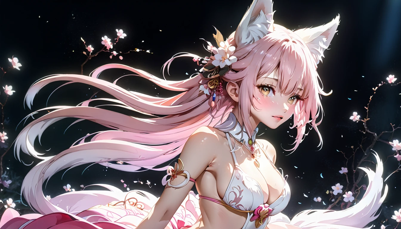 长发动漫女孩和fox, Beautiful pink fox lady, 白毛fox, Beautiful character painting, Beautiful anime portrait, fox耳朵的女孩, a beautiful fox woman, Ancient mysterious style artwork, guweiz, by Ren Renfa, fox, Large Breasts,Full breasts,Golden ratio figure,Perfect body,Ultra wide-angle shooting,Full body shot,Body close-up,Look at the audience,Wearing a tulle bikini,Soft anime illustration, Soft dark background,Fujifilm XT3 Clear focus, f 5.6, High Detail, Clear focus, Dramatic, (Wearing openwork clothing), (Looking at the audience:1.8), (Natural light), (Tempting)
