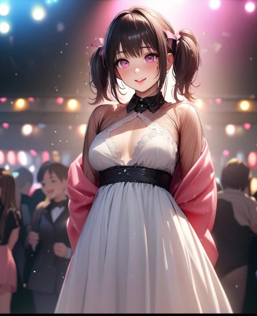 One Girl、Looking at the audience、lovely,
Beautiful pink eyes、short twin tail hair , Mole under the eye、Plump and glossy lips、Heart-shaped choca、Idol、Her name is Rico,smile、ー、。.。.。.。.。.。.。.。.。.。.。.。.。.。.。.。.。.。.3D、Realistic、
The idol's costume was soaked in the heavy rain, and her chest was wet and transparent.Heavy rain at outdoor concert, Drape clothes、gem、The decoration has been removed、Floral、Lace trim,On a glittering stage、
masterpiece、highest quality、8k、Detailed skin texture、Detailed cloth texture、Beautifully detailed face、Intricate details、Very detailed、
超A high resolution、8k Ultra HD、Film Grain、Best Shadow、delicate、Gazing at the audience、front