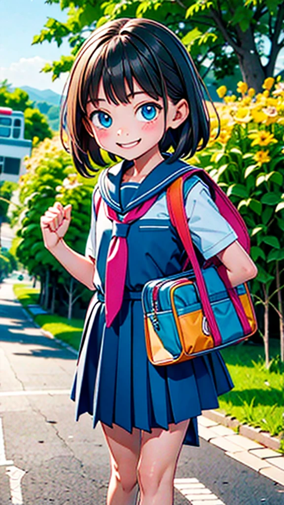 10 year old girl carrying school bag, summer country road, looking at viewer, smiling, spreading hands,Highest quality, masterpiece, RAW Photos,Super detailed，Realistic Background