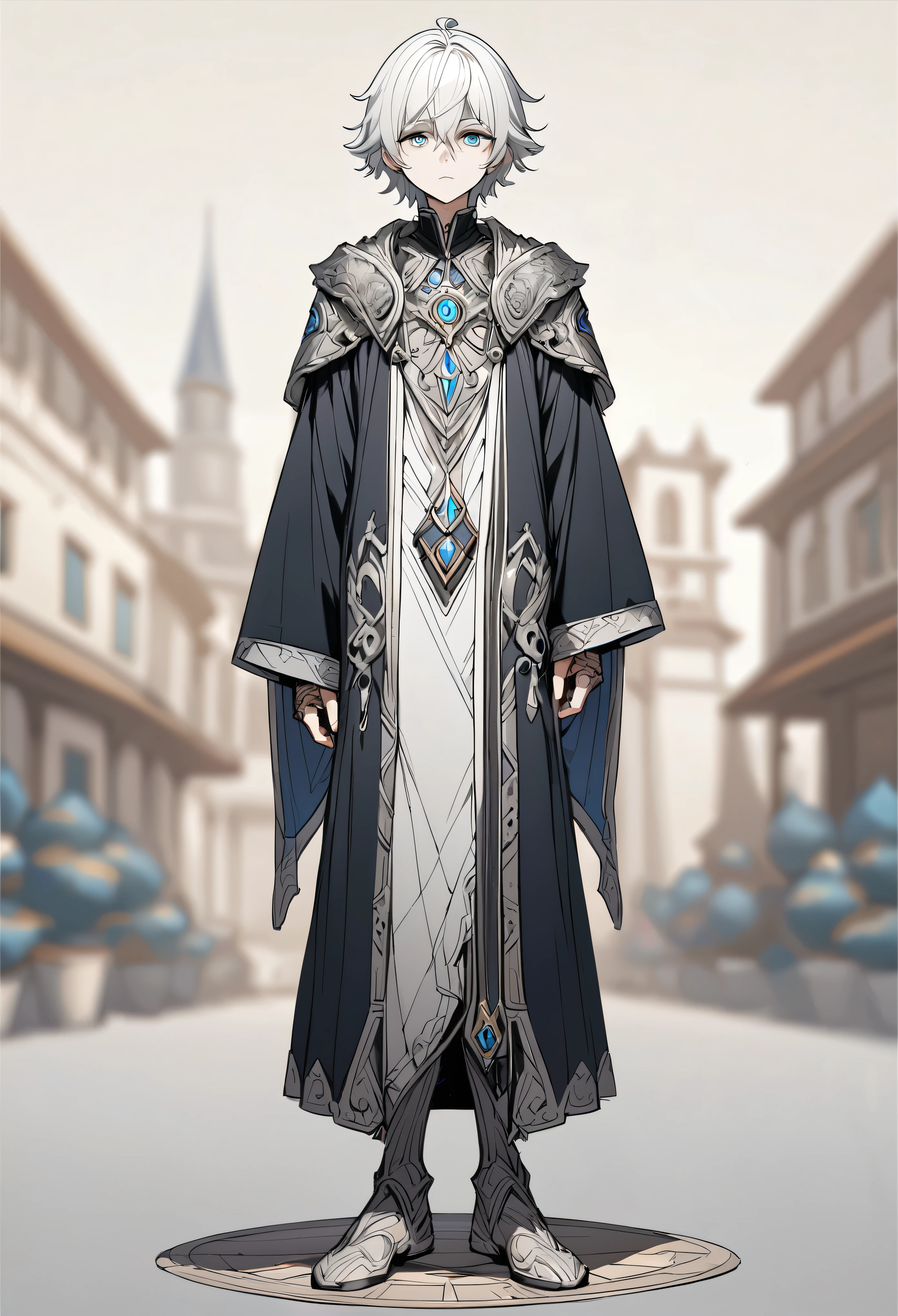 best quality, high quality,ulutra detailed,16k,line art,hard-edged,(Full body:1.5),Standing Upright ,expressionless,deep detailed eyes,white hair,young boy,wizard,white hair,expressionless,deep detailed eyes,blurry background