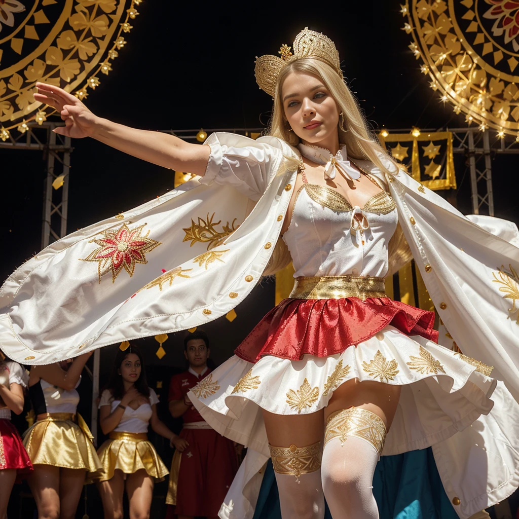 a girl posing for a photo wearing a religious Diablada costume, dressed in a red jacket with black gold and avocado decorations, a red flowered cape with a printed dragon, a short skirt adorned with gold designs, sensual legs, high boots according to the outfit, perfect ass. long blonde hair, blue eyes, pale white woman. long white gloves (elegant). dynamic pose. Image of fountains of a Chapel. town of Tirana-Chile.