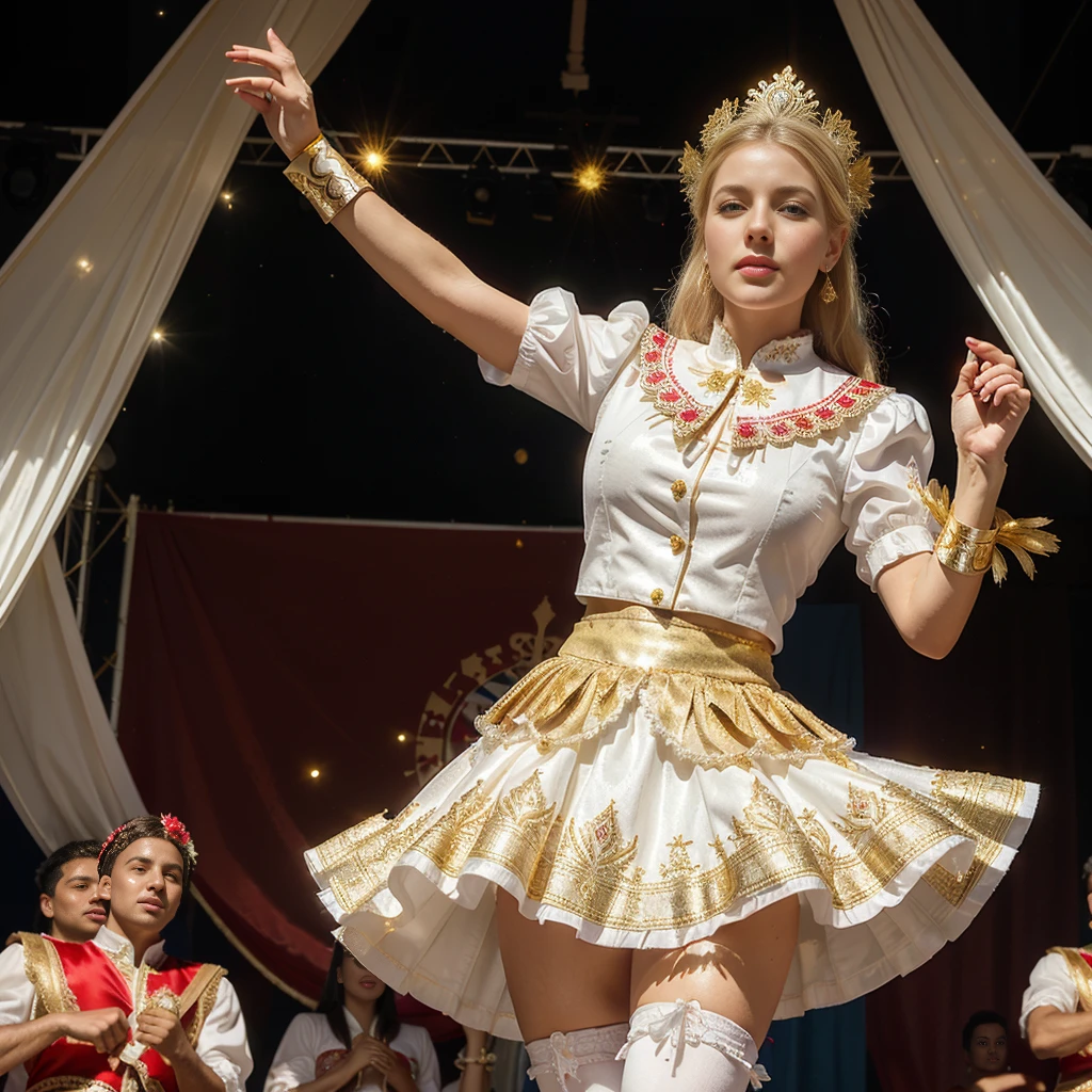 a beautiful white girl dancing at the Tirana Festival, Chile-iquique. She wears an elaborate Diablada outfit: white jacket-bib adorned with sequins and gold glitter flower designs, red skirt-skirt (petticoat) with gold decorations. Elegant long white gloves. Red boots adorned with flower designs. Seductive body, blonde, blue eyes.