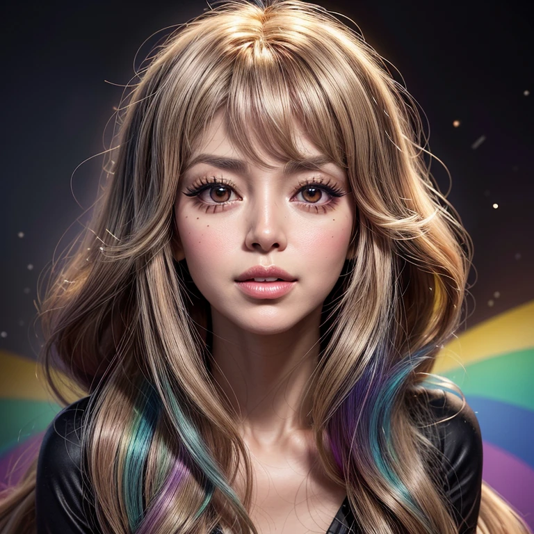 NSFW, 8k, High-level, absurd, masterpiece, best quality, primitive, very detailed CG, very detailed wallpaper, perfect lighting, Extremely detailed ((( personifying " Farrah Fawcett Majors " as a  Girl))), MysticSight, Tyndall effect, Tyndall scattering, (Studio gray background with (Overflowing oodles Dazzling RainbowColorParticles (BokeH))), (RoundlyButts, ThighGap), (Exposed:0.4), (Assfocus with looking ahead) BREAK  (Acutance:0.88), (NOGIZAKA face variations) Extremely Detailed very KAWAII face variations, perfect anatomy, Childish, CaptivatingGaze ElaboratePupils detailed Eyes with (sparkling highlights:1.28), (Voluminous LongEyelashes、GlossyRED Lips with beautiful details, RosyCheeks, Radiant PearlSkin with Transparency . { (Dynamic LifeLike expressions:1.4) | :d) }, (large eyes:-1) .