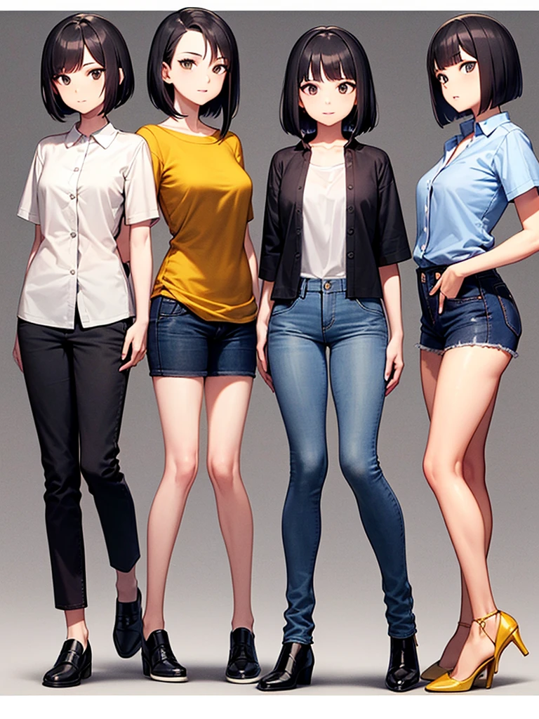 A full body photo of an 25 years old woman with black straight hair, side part Bob haircut without fringe, black eyes small, upturned nose, slender body, small breasts, wearing a short sleeve yellow blouse with buttons on the front and thight blue jeans