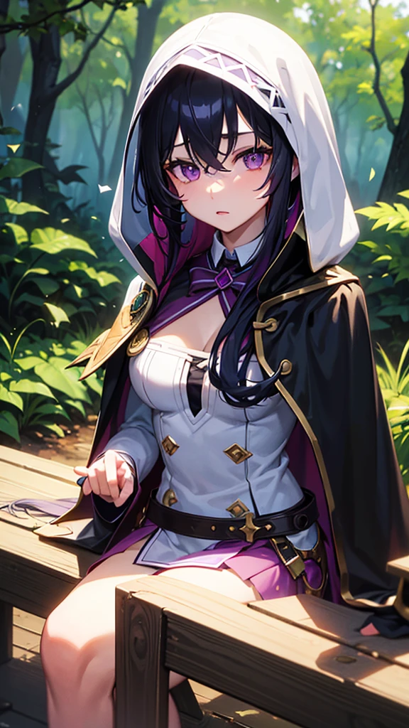 1girl, solo, young, medium long hair, breasts, black hair, blue tips, cleavage, hair between eyes, medium breasts, purple eyes, upper body, white hair, multicolored hair, outdoors, two-tone hair, cape , up , bench, cover In the forest