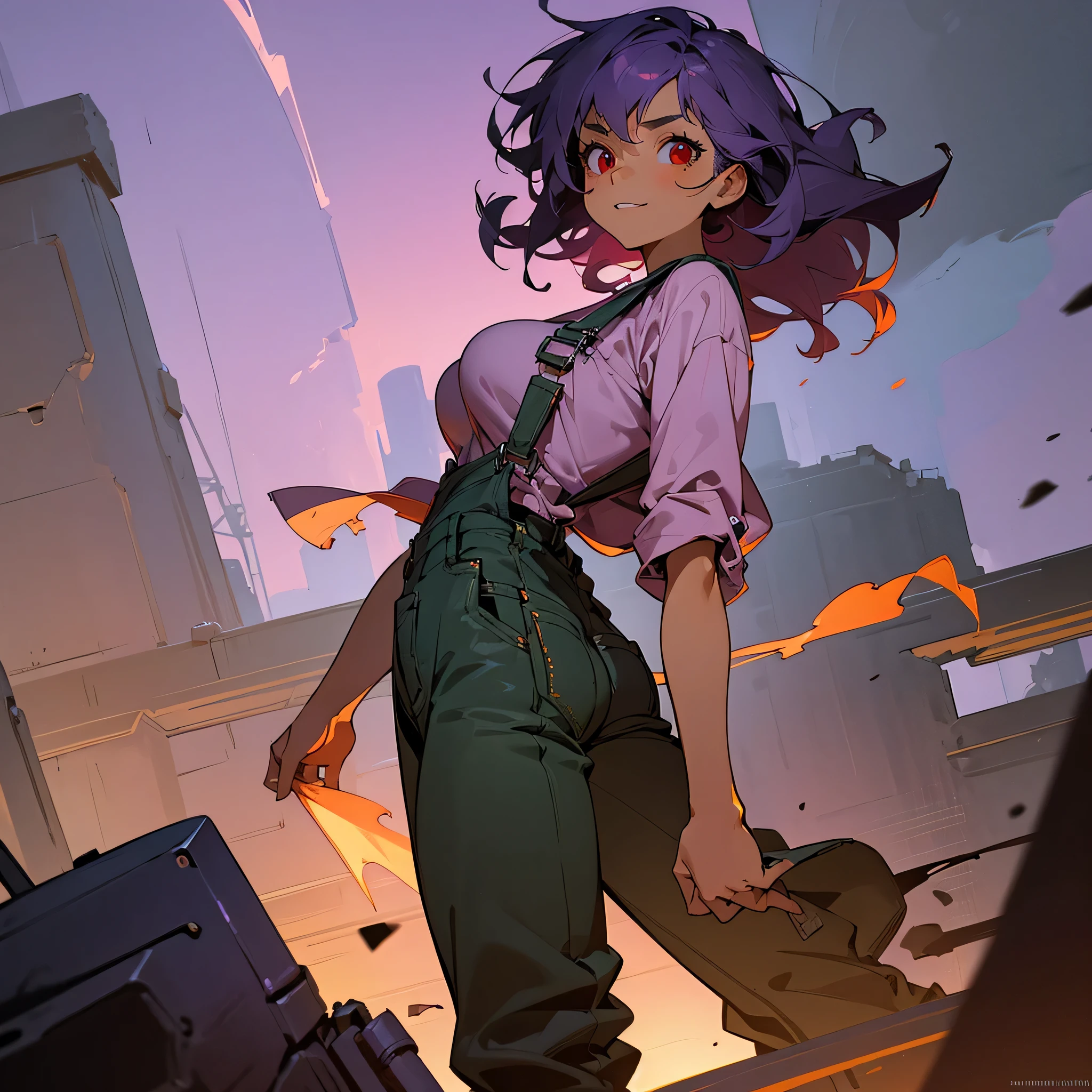 1female, young adult, tan skin, big breast, finely detailed red eyes, messy medium hair, purple hair, beater shirt, overalls, combat pants, standing on ruined building, night time, excited expression