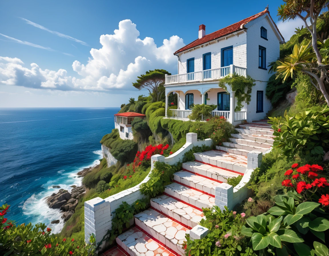 Striking view from the porch of an old white brick house, perched on a cliff overlooking the ocean. The little house has a small garden area with a few plants and flowers, and a set of stairs leading up to it, red tiles with white grout, cracked walls. The cliff is covered in lush greenery, with trees and bushes. deep blue sea below. The sky above is a clear blue with a few scattered white clouds, sharp focus, hyperrealistic, vibrant colors, HDR, 32k