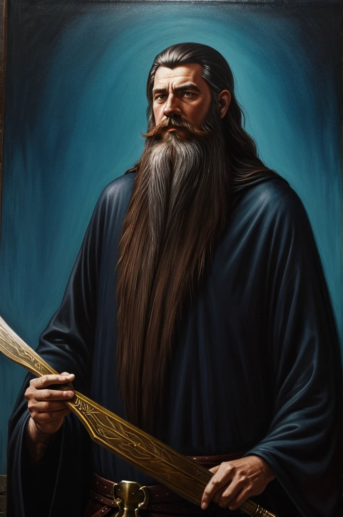 Wizard with a long beard that has a low taper fade haircut (1980 style asthetic) (dark fantasy painting)