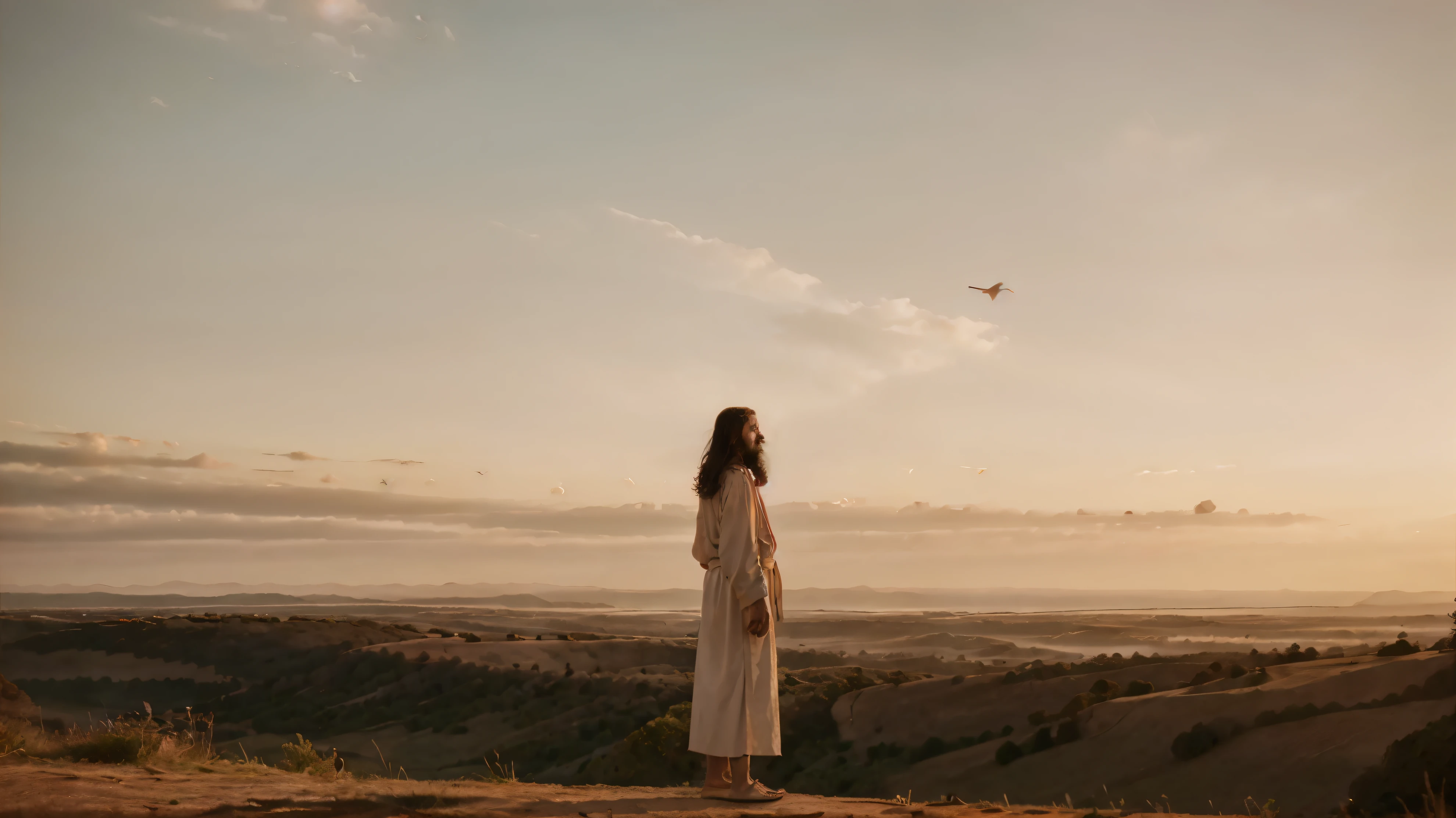 Create an image of Jesus Christ standing at the edge of a cliff, overlooking a vast and breathtaking landscape at dawn. Jesus should be depicted with a peaceful and contemplative expression, His robes gently flowing in the morning breeze. The landscape below should include rolling hills, a winding river, and the first light of dawn illuminating the sky with hues of pink and gold. Birds should be seen soaring in the sky, adding a sense of freedom and serenity. The overall scene should convey a sense of hope, new beginnings, and the majesty of creation, with Jesus as the central figure radiating divine presence and tranquility.