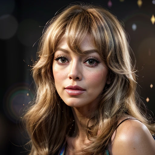 NSFW, 8k, High-level, absurd, masterpiece, best quality, primitive, very detailed CG, very detailed wallpaper, perfect lighting, Extremely detailed ((( personifying " Farrah Fawcett Majors " as a Little Girl))), MysticSight, Tyndall effect, Tyndall scattering, (Studio gray background with (Overflowing oodles Dazzling RainbowColorParticles (BokeH))), (RoundlyButts, ThighGap), (Exposed:0.4), (Assfocus with looking ahead) BREAK  (Acutance:0.88), (NOGIZAKA face variations) Extremely Detailed very KAWAII face variations, perfect ???????, Childish, CaptivatingGaze ElaboratePupils detailed Eyes with (sparkling highlights:1.28), (Voluminous LongEyelashes、GlossyRED Lips with beautiful details, RosyCheeks, Radiant PearlSkin with Transparency . { (Dynamic LifeLike expressions:1.4) | :d) }, (large eyes:-1) .