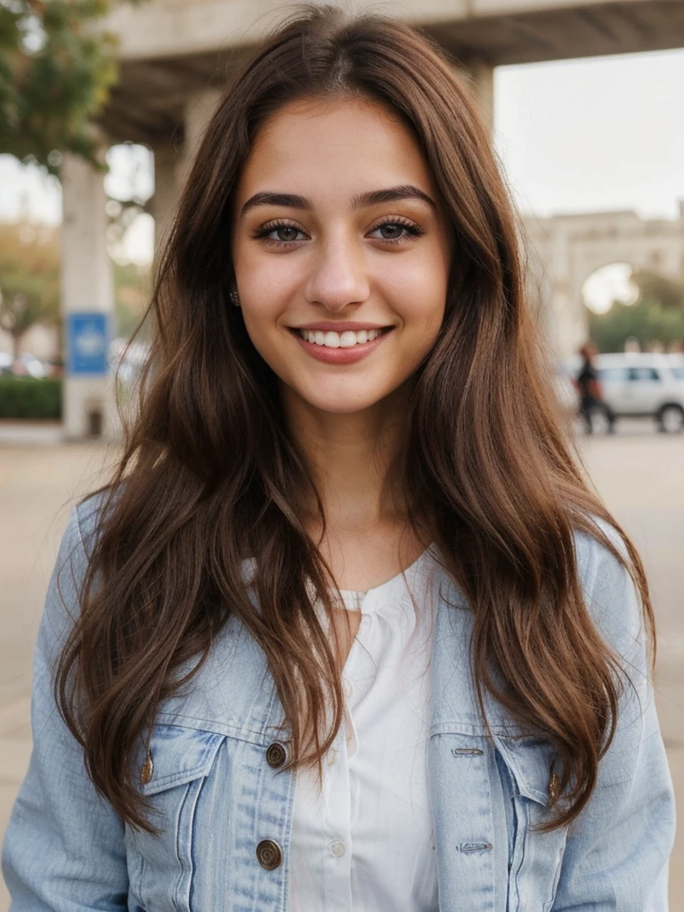 one cute women, 20YO, white, Arab, cute face, realistic brown eyes, blue jacket, brown hair, cute smile, skinny face, white realistic teethes, big eyes, long hair