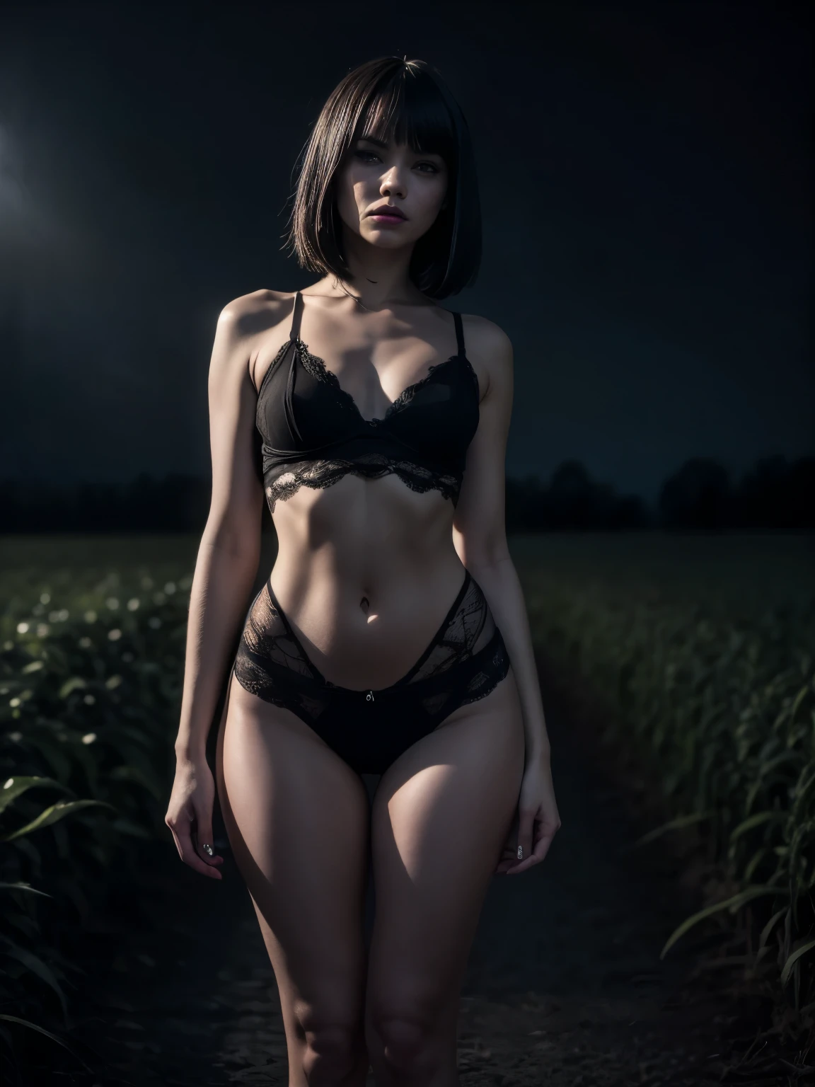 (Best Quality,hight resolution,Masterpiece, half body shot:1.2),Ultra-detailed,woman dressed in black thong and fishnet top,sickly,standing in a dark creepy cornfield at night, she's wearing a very sexy high waisted g-string black thong, corn field behind her, very high waisted thong, creepy cornfield in the background, perfect body, sensual pose,full body shot, horror vibes, farm at night, spooky farm, grain field, cornfield,centered subject,gloomy ecstasy,fetish,dark gloomy atmosphere, creepy atmosphere, gritty texture,Retro-atmosphere,warped reality,melancholic expression on his face,mysterious aura,foggy atmosphere,foggy background,Subtle color palette,provocative pose,Strong emotions,Coming Out of the Depths of Despair,Piercing gaze,intense shadows,Plunged in Darkness,dark industrial aesthetic,ominous vibe,A supernatural sensation,Loss of Place in Time and Space,Eerie silence.asymmetrical bangs, freckles, black short hair, Bangs, freckles, gray eyes,