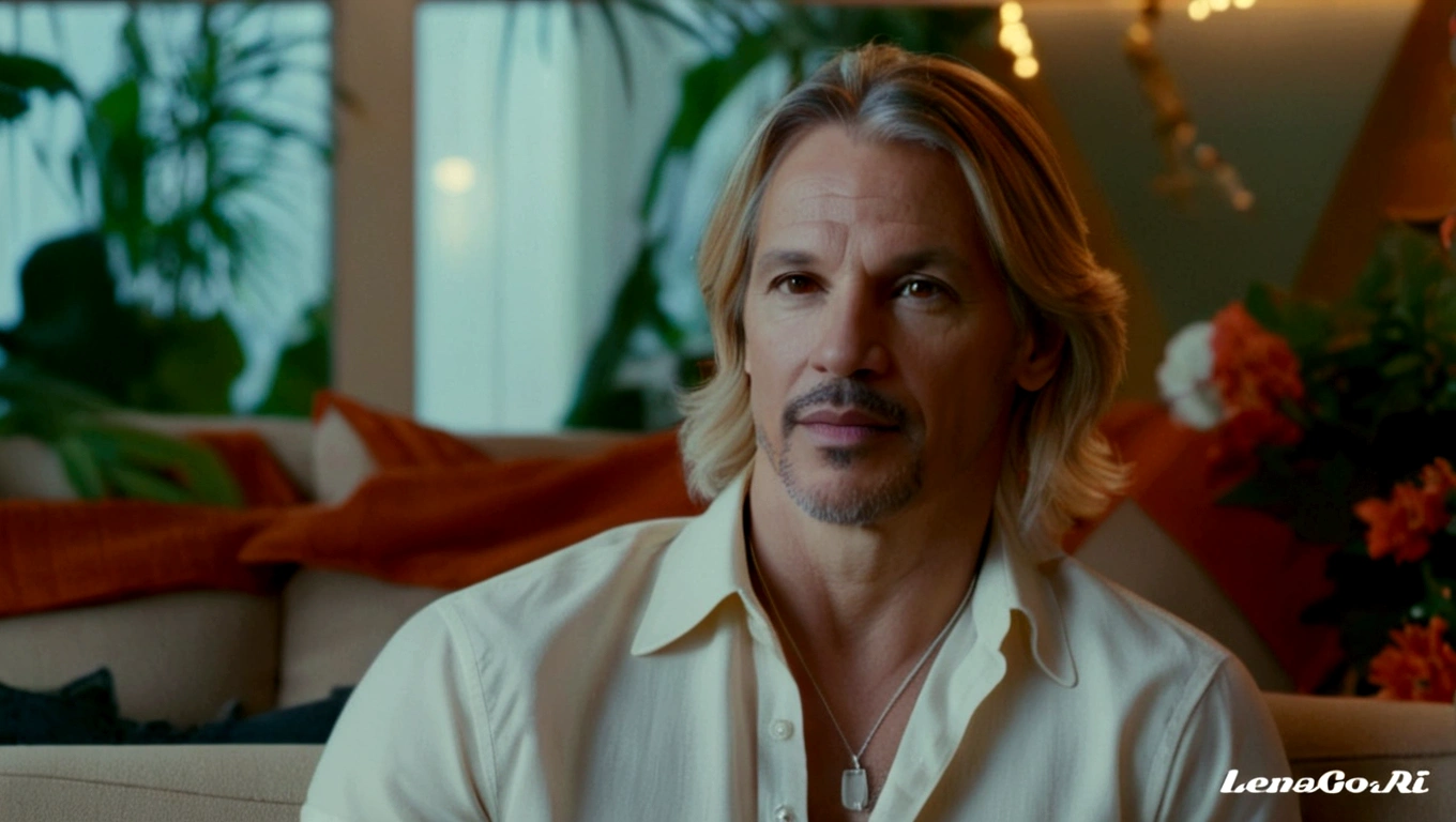 a man called lineker, 50 years old, he has a face similar to Jon Bom Jovi, he has light hair, brown eyes, black blouse, black pants, black sneakers, facing the camera