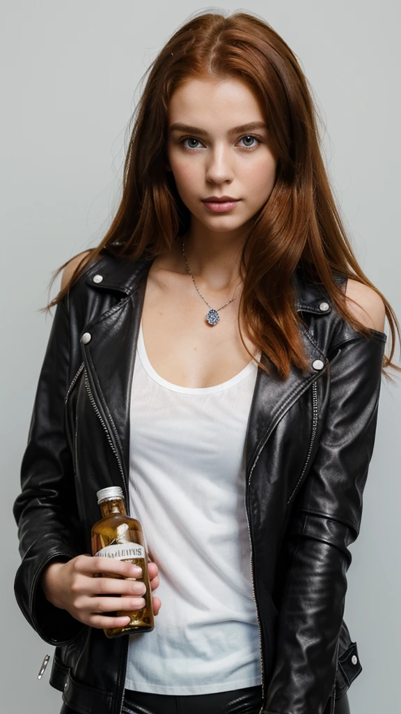 (((Masterpiece))), 25-year-old Caucasian French girl with shoulder-length messy red hair, adorned with crystal glow, blooming hair akin to . Certainly!
holding a bottle of car chemicals, wearing a black leather jacket, white top, black leggings, white background