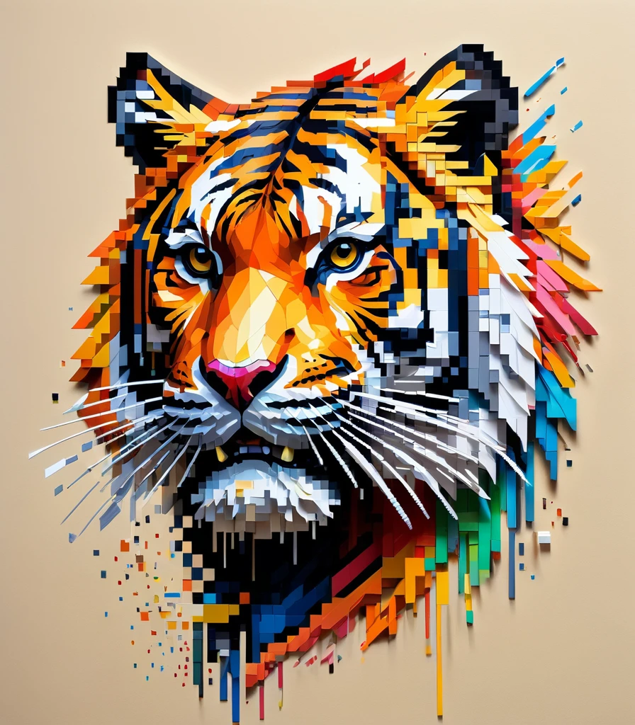 pixel art，Thai artist Thawan Duchanee uses colorful brush strokes to create a 3D pixelated image of a roaring tiger...