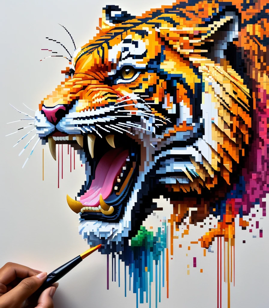 pixel art,Thai artist Thawan Duchanee uses colorful brush strokes to create a 3D pixelated image of a roaring tiger...