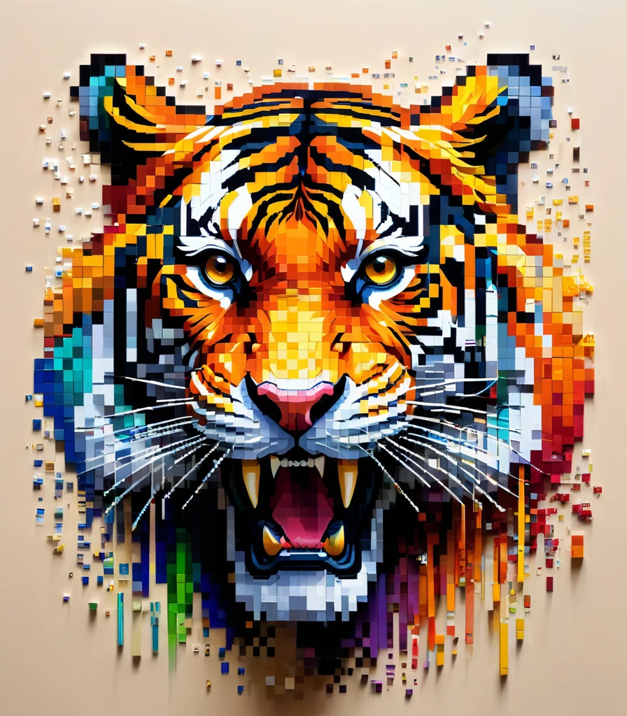pixel art,Thai artist Thawan Duchanee uses colorful brush strokes to create a 3D pixelated image of a roaring tiger...