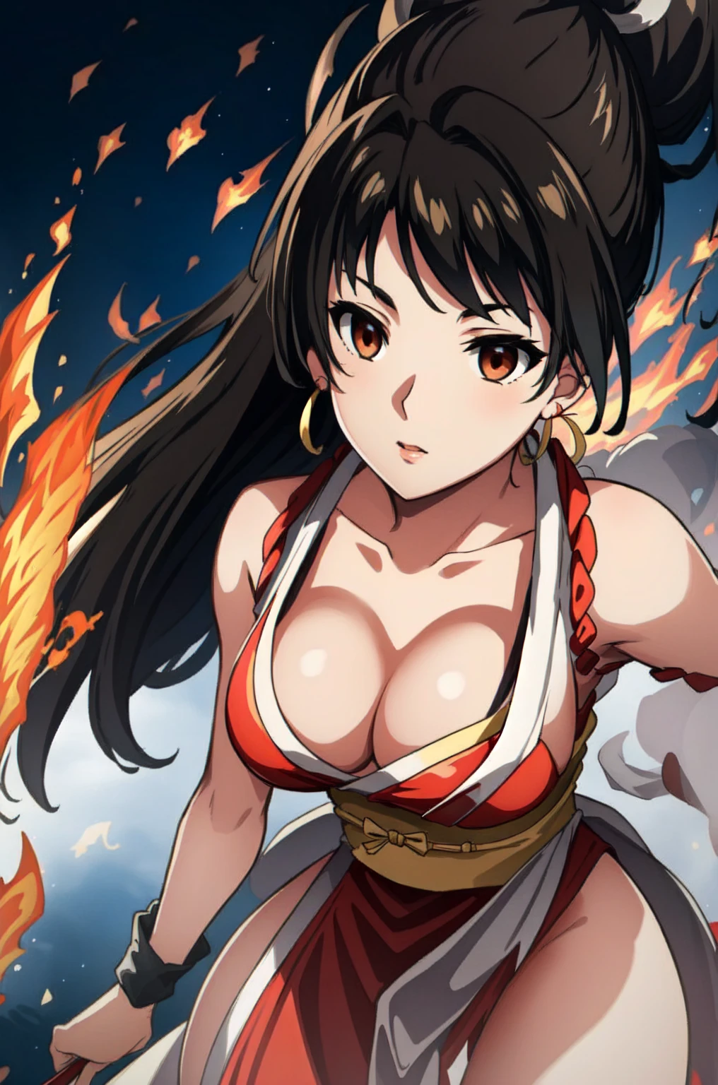 12k,((Highest quality)), ((masterpiece)), ((Realistic)), Dance does not know fire, My Style, Red clothes, striking a confident pose, Japanese temple detailed background, Warm front light, Contrast and sharpness, Medium depth of field, Dynamic Perspective, Proper scale and proportions, Detailed velvet texture.,