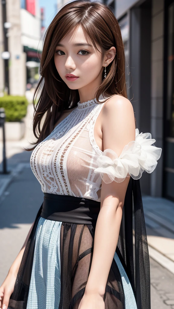 Ultra HD, upscale, first class quality, Super detailed, Reality, 8K, RAW photos, best quality, masterpiece, Attractive girl, pretty girl, Brown hair, Shoulder-Length Layering, Mesh Hair, Japanese Idol, complicated, fashionable, Women&#39;s shirts, Model posing, White knitwear