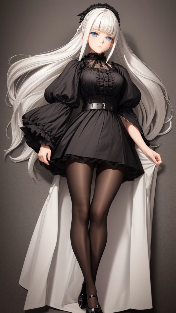 Siesta has chin-length white hair, Birkin bangs, and sky blue eyes. She also pins several bobby pins to the right side of her hair and wears a simple belt. His attire is monochromatic, consisting of an unbuttoned gray jacket, closed at the top with a red bow; a black blouse underneath; and a gray skirt with ruffled fabric underneath and suspended lace above. Siesta wears black pantyhose and Mary Janes. Her outfit is very reminiscent of the gothic lolita aesthetic.