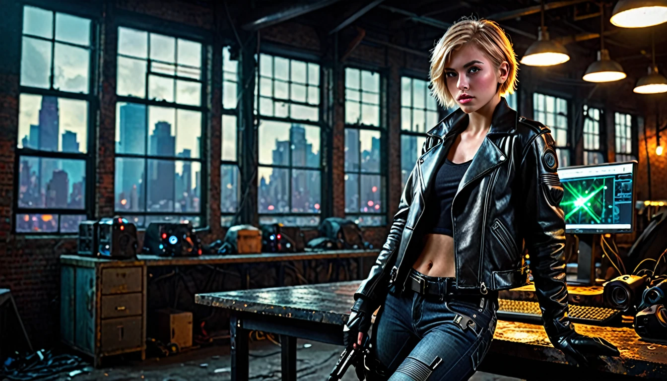 1girl, blonde hair, short hair, green eyes, glowing left eye, 21 years old, leather jacket, gloves, black gloves, jeans, boots, pistol holster, dark warehouse, 1 computer with three led monitors, window, new york cyberpunk city, detailed realistic portrait, cinematic lighting, dramatic contrast, moody atmosphere, high quality, highly detailed, sharp focus, photorealistic, hyperrealistic, dramatic lighting, intricate details, vivid colors, cinematic composition, high resolution, masterpiece