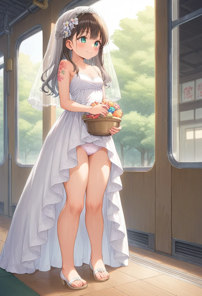 score_9, score_7_up, score_6_up, 1girl, source_cartoon, source_anime,breathtalking Scenery,watercolor,smooth soft skin, natural skin,
BREAK
1girl,(:1.4),(little female child:1.3),mini girl, baby face, toddler,6 yell breast,(jiggly, skindantation:0.8), ultra cute face,oily skin,(highlight on eyes:1.1),little smile,excessive detailed knees, excessive detailed thighs,
BREAK
(long straight hair:1.5), (chocolatebrown hair:1.4),(aqua eyes:1.1),(Shoulder colorful floral pattern tattoo:1.3),(simple flower pattern tattoo:1.2),embarrassed,
BREAK
(floral hairclip:1.1),(long train wedding dress:1.5),lace panties,exposed shoulders,from side,rating_explicit,
BREAK
(indoors:1.3),In a secluded setting, surrounded by a dense forest, the bog lay hidden like a secret gem, its misty surface whispering tales of ancient times,full body,dynamicangle,dynamicpose,