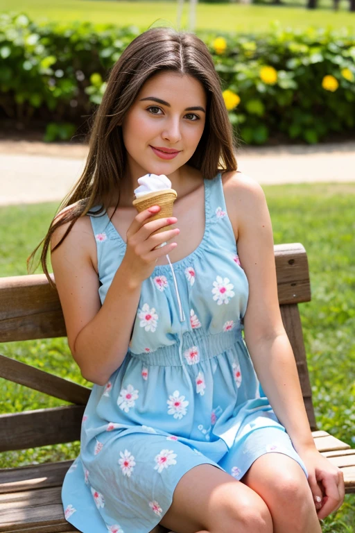 Beautiful brunette 24 years old eating an ice cream cone outside on a hot day, wearing a light blue flowery summer dress, flirting with the camera