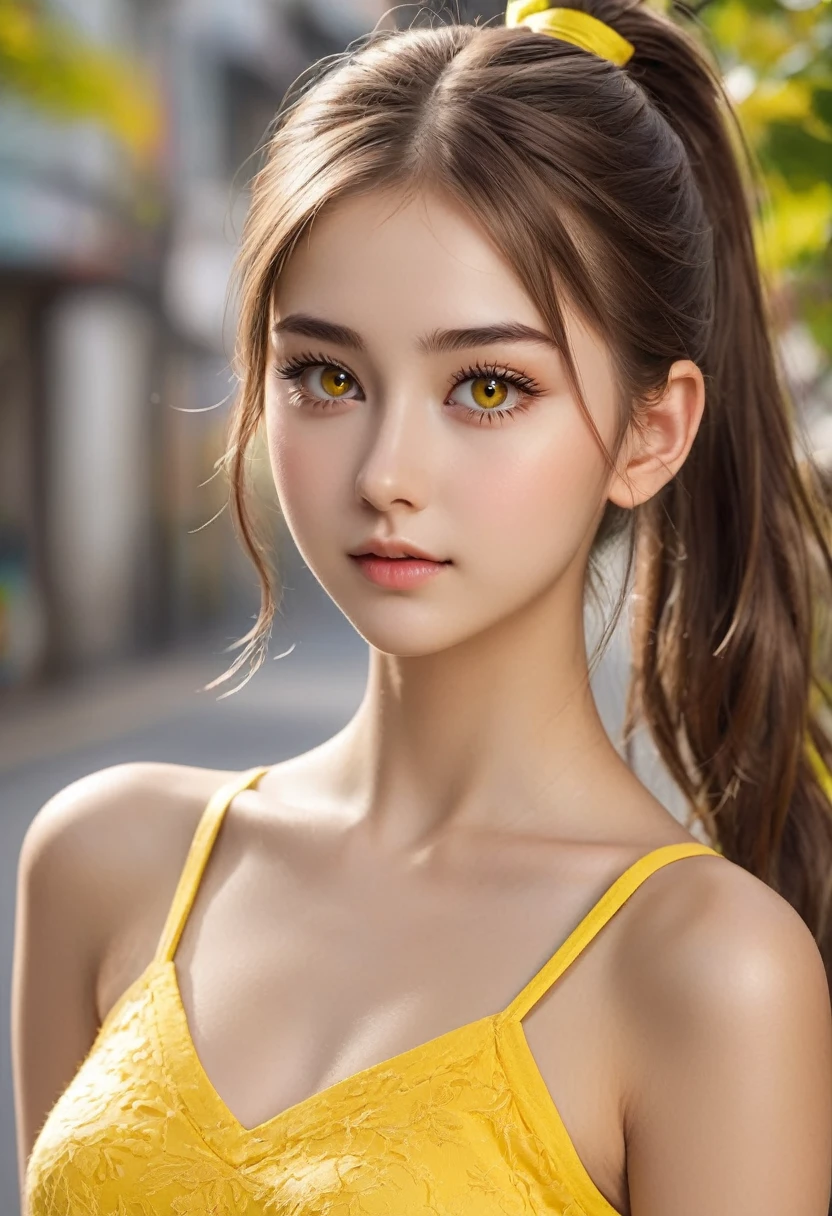 photo of Miruka sowt, 18 year old woman, attractive proportional body, fair complexion, brown hair in detailed ponytail, bright yellow eyes with detailed long eyelashes, detailed high resolution face photo. various angles