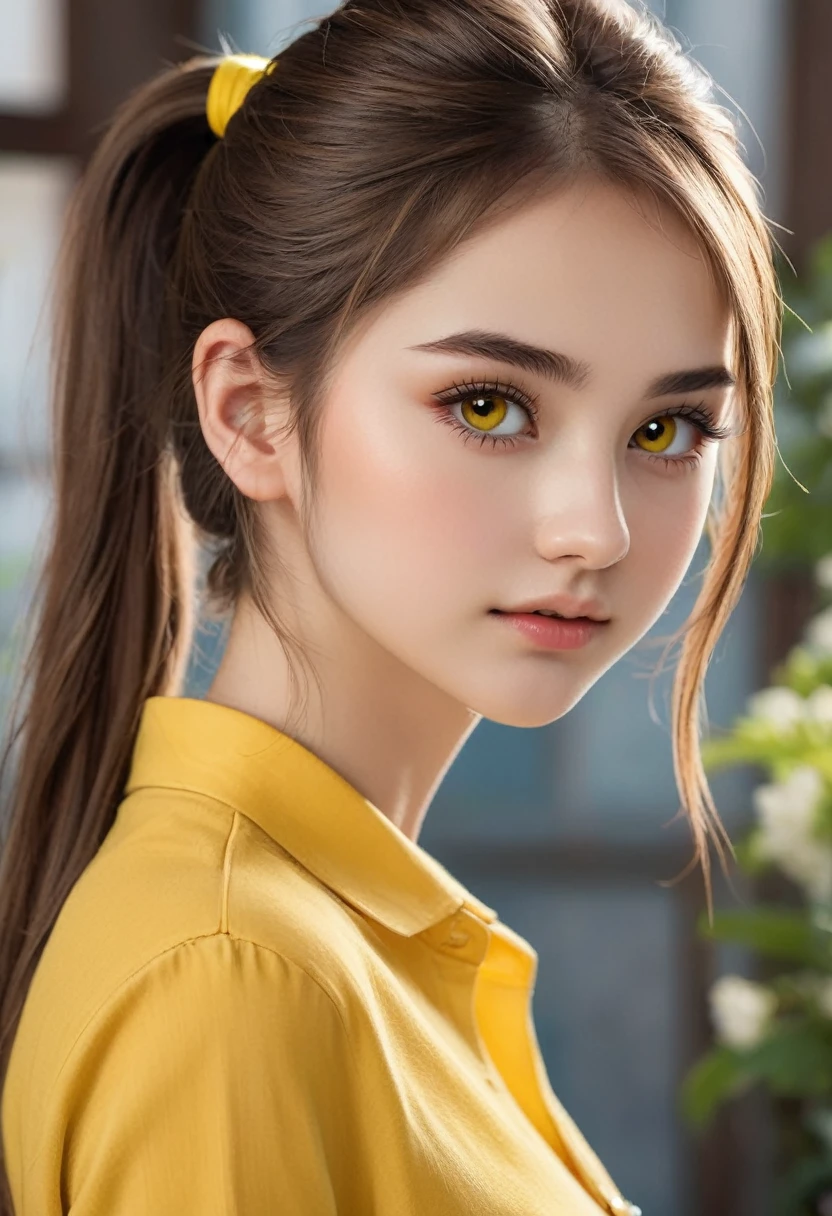 photo of Miruka sowt, 18 year old woman, attractive proportional body, fair complexion, brown hair in detailed ponytail, bright yellow eyes with detailed long eyelashes, detailed high resolution face photo. various angles