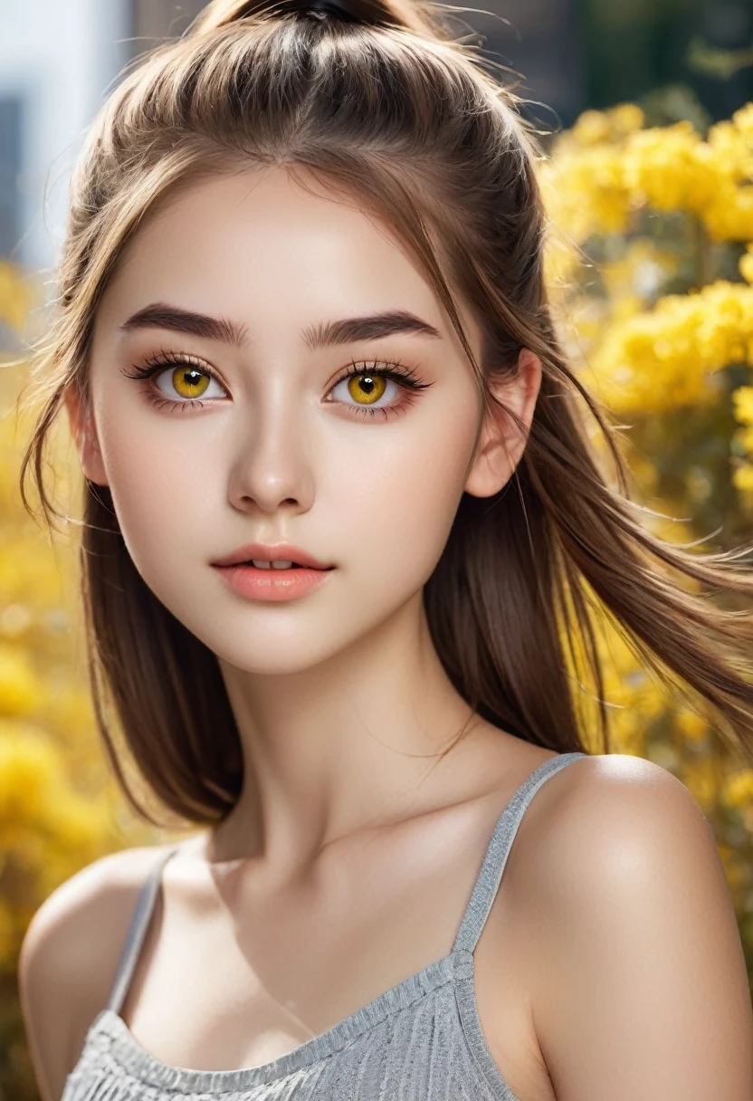 photo of Miruka sowt, 18 year old woman, attractive proportional body, fair complexion, brown hair in detailed ponytail, bright yellow eyes with detailed long eyelashes, detailed high resolution face photo. various angles