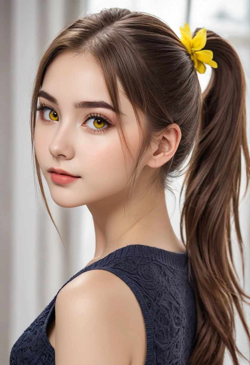 photo of Miruka sowt, 18 year old woman, attractive proportional body, fair complexion, brown hair in detailed ponytail, bright yellow eyes with detailed long eyelashes, detailed high resolution face photo. various angles