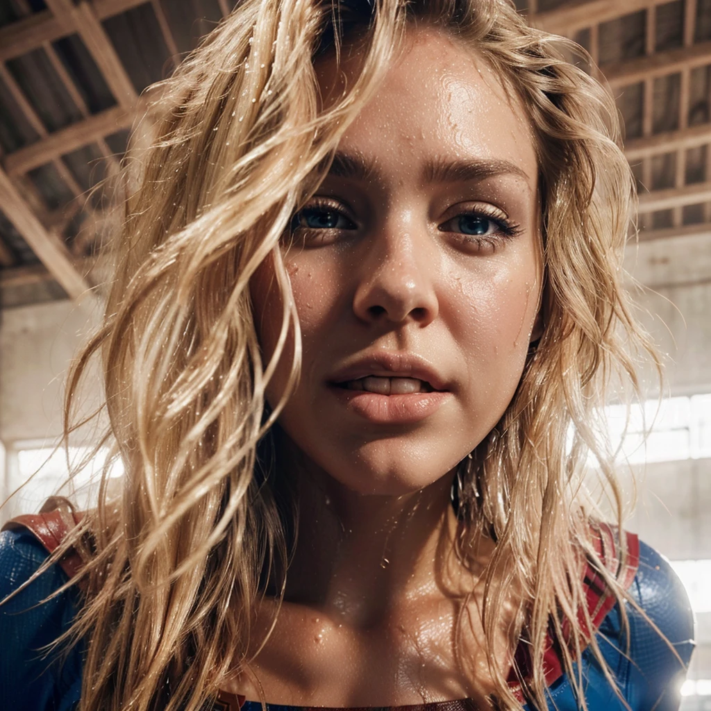 A low angle close-up image of supergirl with wet and tousled blonde hair. Her skin is glistening with water and dirt, and she has a determined expression, looking down towards the subject. biting her lower lip slightly. The background features a ceiling of a warehouse, 8k, ultra realistic, high def, dynamic gesture