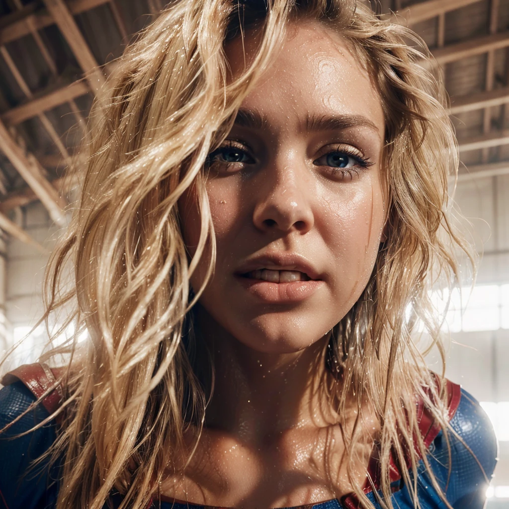 A low angle close-up image of supergirl with wet and tousled blonde hair. Her skin is glistening with water and dirt, and she has a determined expression, looking down towards the subject. biting her lower lip slightly. The background features a ceiling of a warehouse, 8k, ultra realistic, high def, dynamic gesture