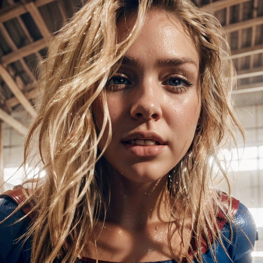 A low angle close-up image of supergirl with wet and tousled blonde hair. Her skin is glistening with water and dirt, and she has a determined expression, looking down towards the subject. biting her lower lip slightly. The background features a ceiling of a warehouse, 8k, ultra realistic, high def, dynamic gesture