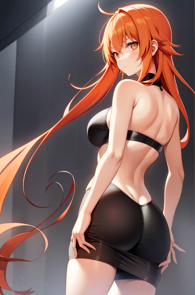 1 persons、solo、animesque、orange Hair、1 girl、Silver-eyed、Colossal tits、Big buttocks、Angle from behind、soft long hair、slanted eyes、