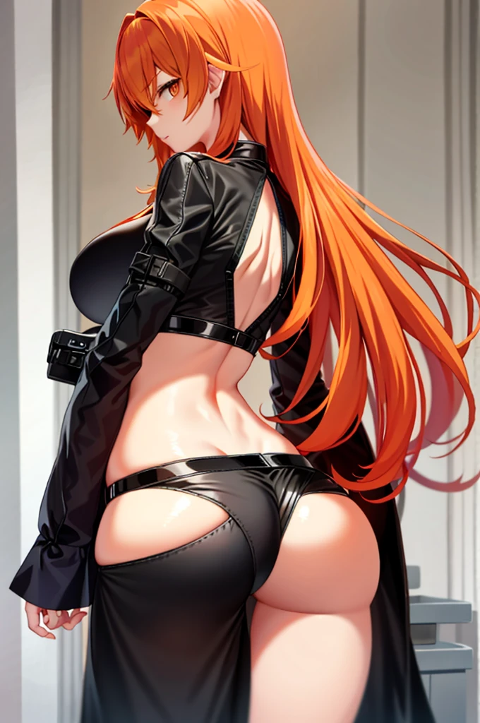 1 persons、solo、animesque、orange Hair、1 girl、Silver-eyed、Colossal tits、Big buttocks、Angle from behind、soft long hair、slanted eyes、