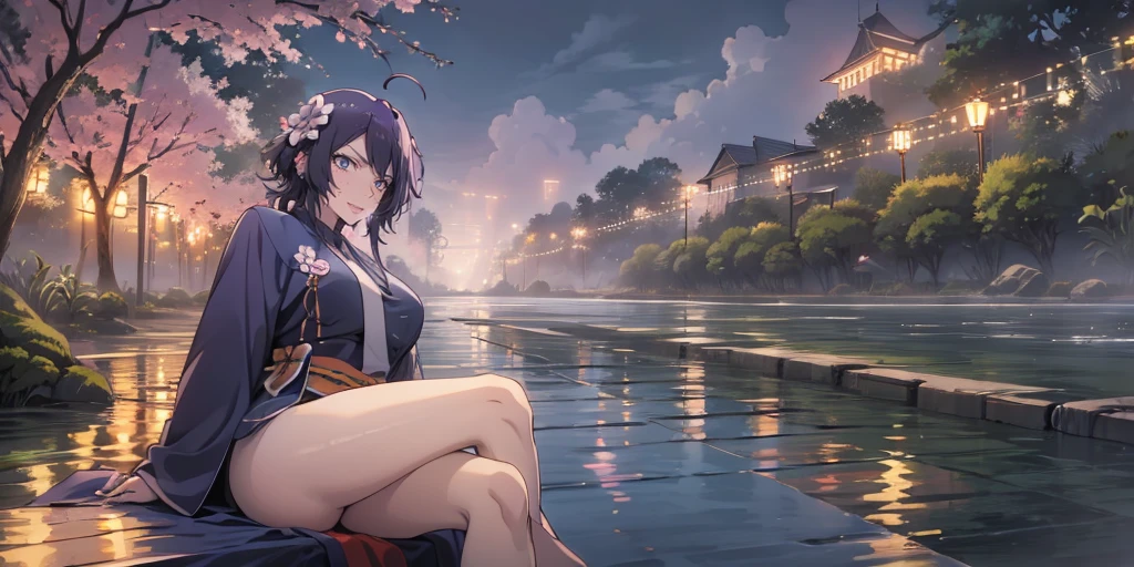 MC, ahoge, (long hari, purple hair:1.3), hair ornament, dark-blue eyes, anatomically correct, heavy breathing, mature female, 1girl, solo, breasts, looking at viewer, large breasts, long sleeves, sitting, thighs, outdoors, japanese clothes, sky, barefoot, day, cloud, wide sleeves, kimono, water, flower, spotlight, (bokeh:1.3) tree, legs, sash, bare legs, obi, crossed legs, nature, black kimono, short kimono, reflective, (fog:1.3), fireflies, hollow eyes, bright pupils, dark-blue eyes, looking at viewer. glowing eyes heavy breathing, seductive smile, (steaming face:1.3), blush face, lips,