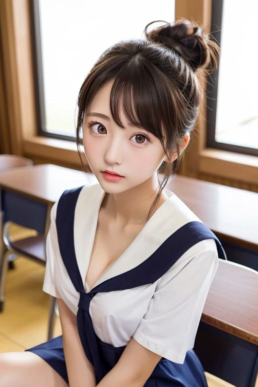 Japanese women、high school girl、, Anatomically correct, Perfect Anatomy, very cute, beautiful, (Sailor suit:1.2), ((Embarrassing:1.3)), blush、(classroom、Sitting), (masterpiece、Highest quality:1.3)、Best lighting、High resolution、(8k, High resolution:1.2), (photograph, Realistic:1.2)、The face is in focus、(Concentration, Symmetrical pupils:1.2)、beautiful肌、Natural Makeup、Gloss lips, High-definition hair texture, (View your viewers:1.2), (Hair Bun:1.3), (Multiple Angles:1.2), (Small breasts, Cleavage:1.1), (Embrace your chest:1.1)