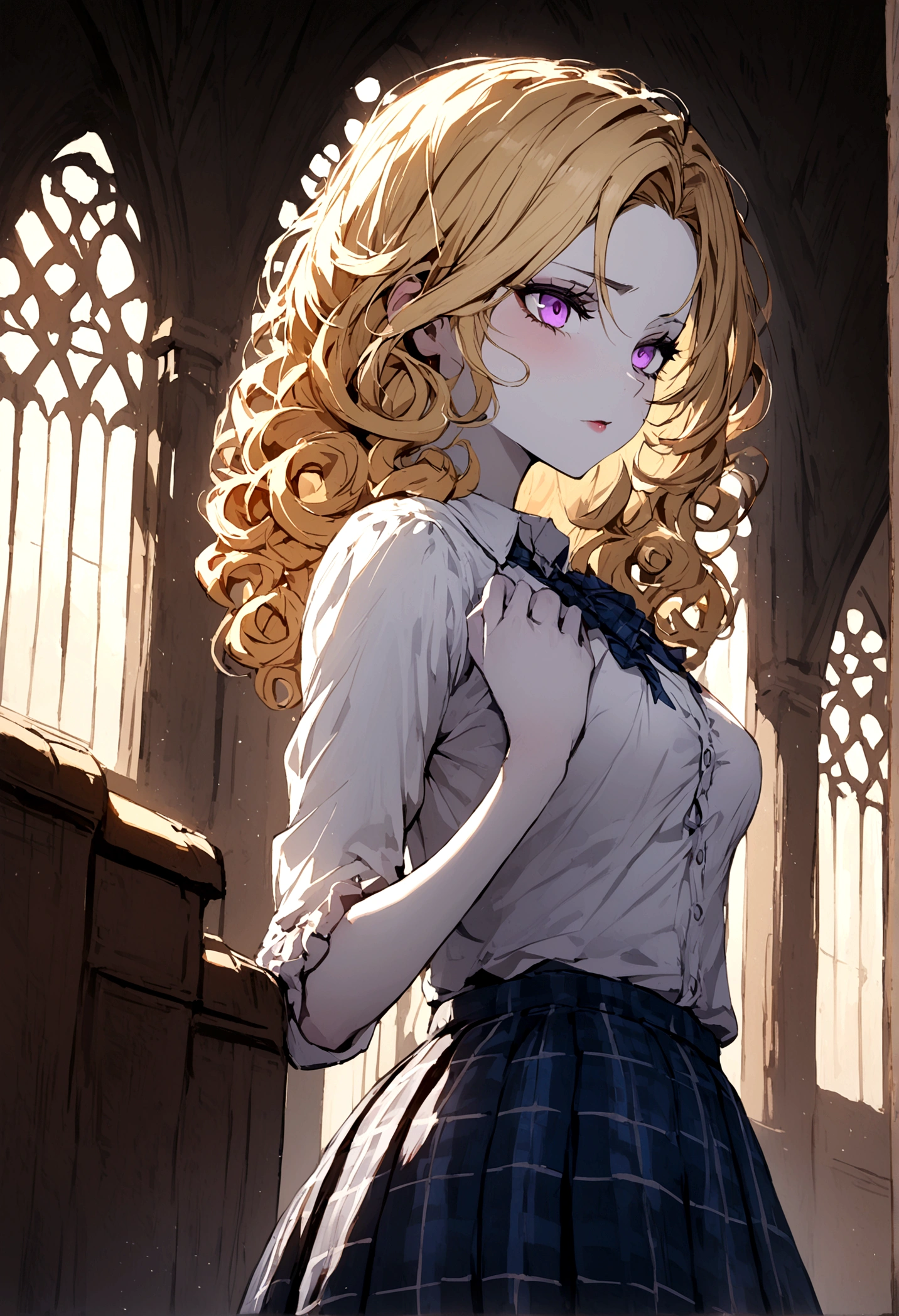 A girl with curly blonde hair, violet eyes and pale skin, with great beauty, wearing a white buttoned blouse with a blue plaid skirt, in a rather erotic pose in a Church