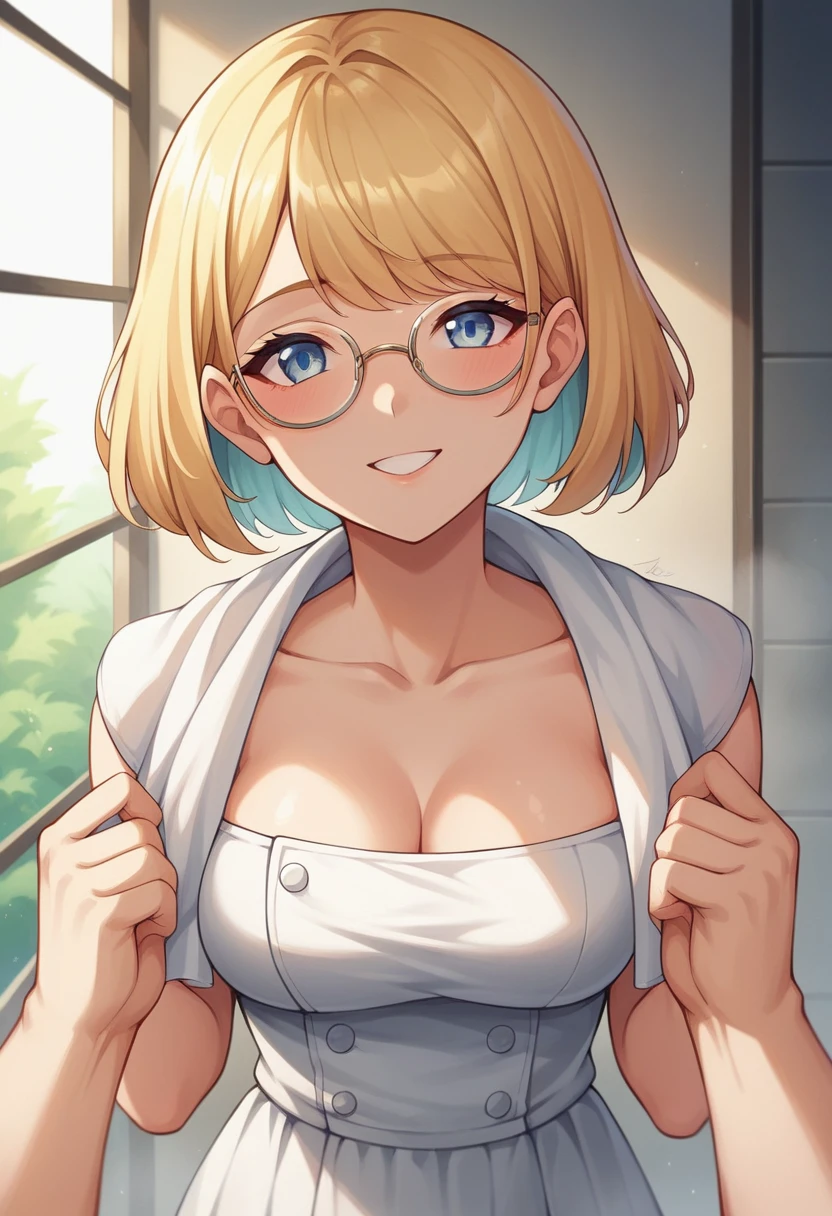 beautiful tall woman, beautiful face, from center, pov, medium bob cut blonde hair, light blue eyes, two points glasses, medium breasts, wear towel, white long pleats skirt, feratio, lustful smiling with breath, my room, pastel 2d art, matte painting, anime, masterpiece 