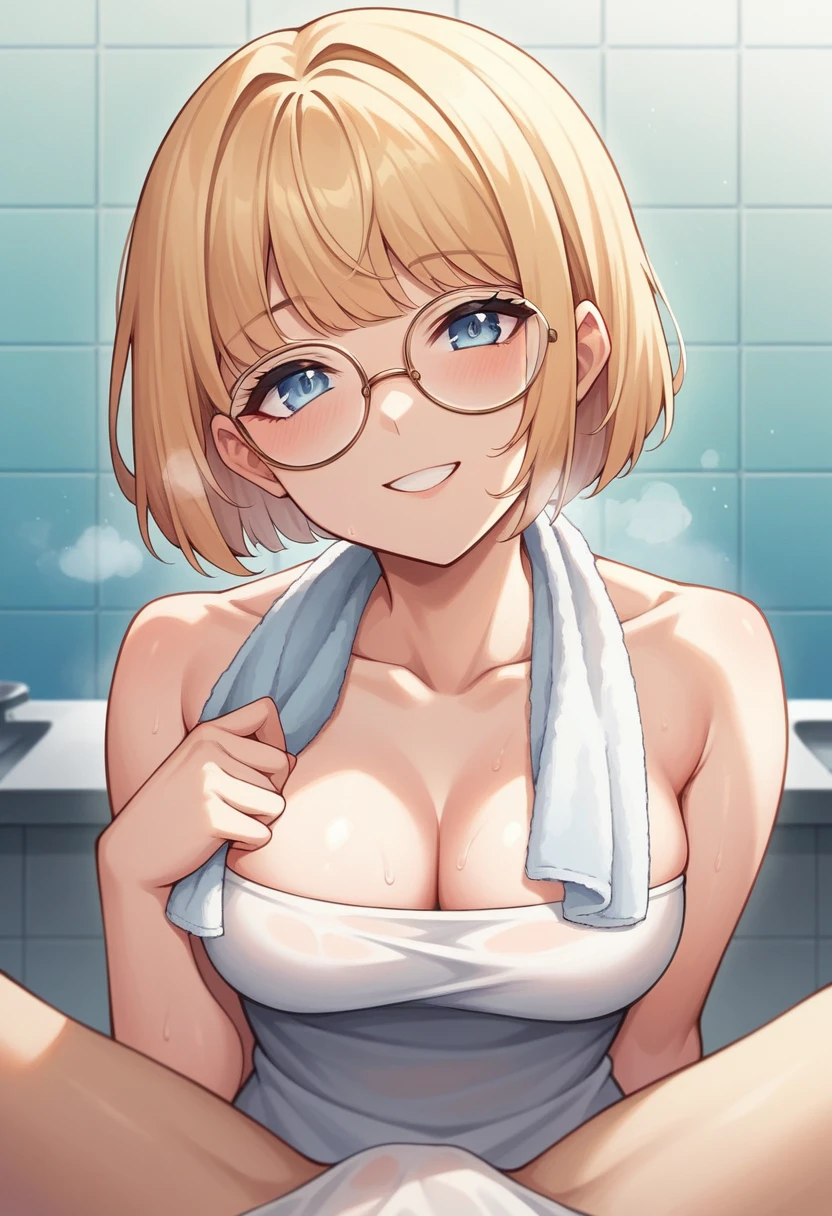beautiful tall woman, beautiful face, from center, pov, medium bob cut blonde hair, light blue eyes, two points glasses, medium breasts, wear towel, white long pleats skirt, feratio, lustful smiling with breath, my room, pastel 2d art, matte painting, anime, masterpiece