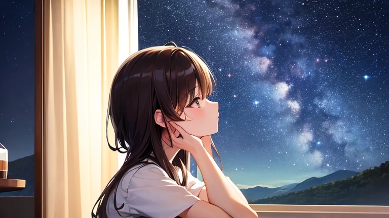(Highest quality),(masterpiece),(Very detailed),(Best Images)、Cafe、Starry Sky、study、coffee、girl、profile、concentrate、Waiting for the 90s to start