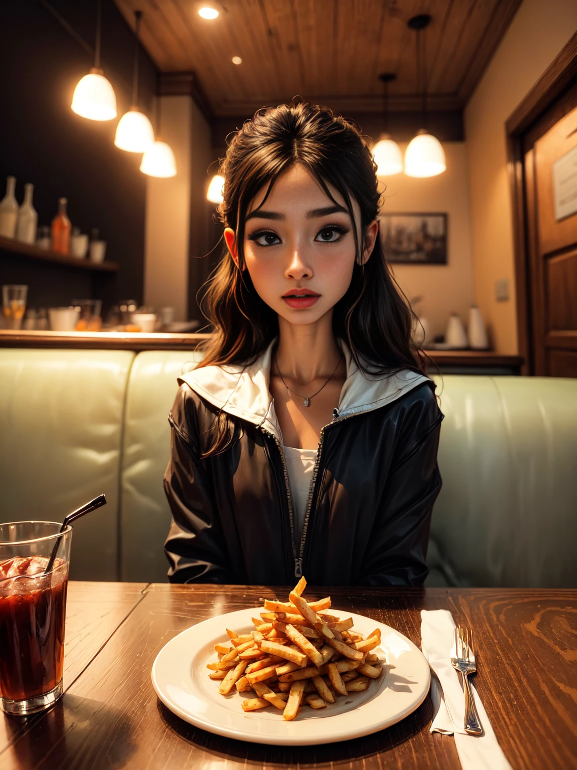 interior scene, cold color, sunlight penetration, two-dimensional scene, floor, table, chair, school cafeteria, a girl with long curly brown hair and green eyes and fair skin sitting at a table, NEXT to a girl with short black hair SMOOTH, beautiful skin, perfect face, UHD, 8k, SCHOOL ENVIRONMENT