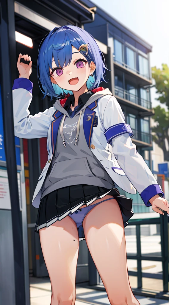 masterpiece, best quality, highres, 1girl, solo, grey hoodie, fang, blue hair, skin fang, blazer, short hair, white jacket, (mole on thigh:0.8), bangs, black skirt, hair behind ear, black socks, collared shirt, purple eyes, pleated skirt, armband, mole, hair ornament, open mouth, outdoors, smile,(((lift skirt,panties)))