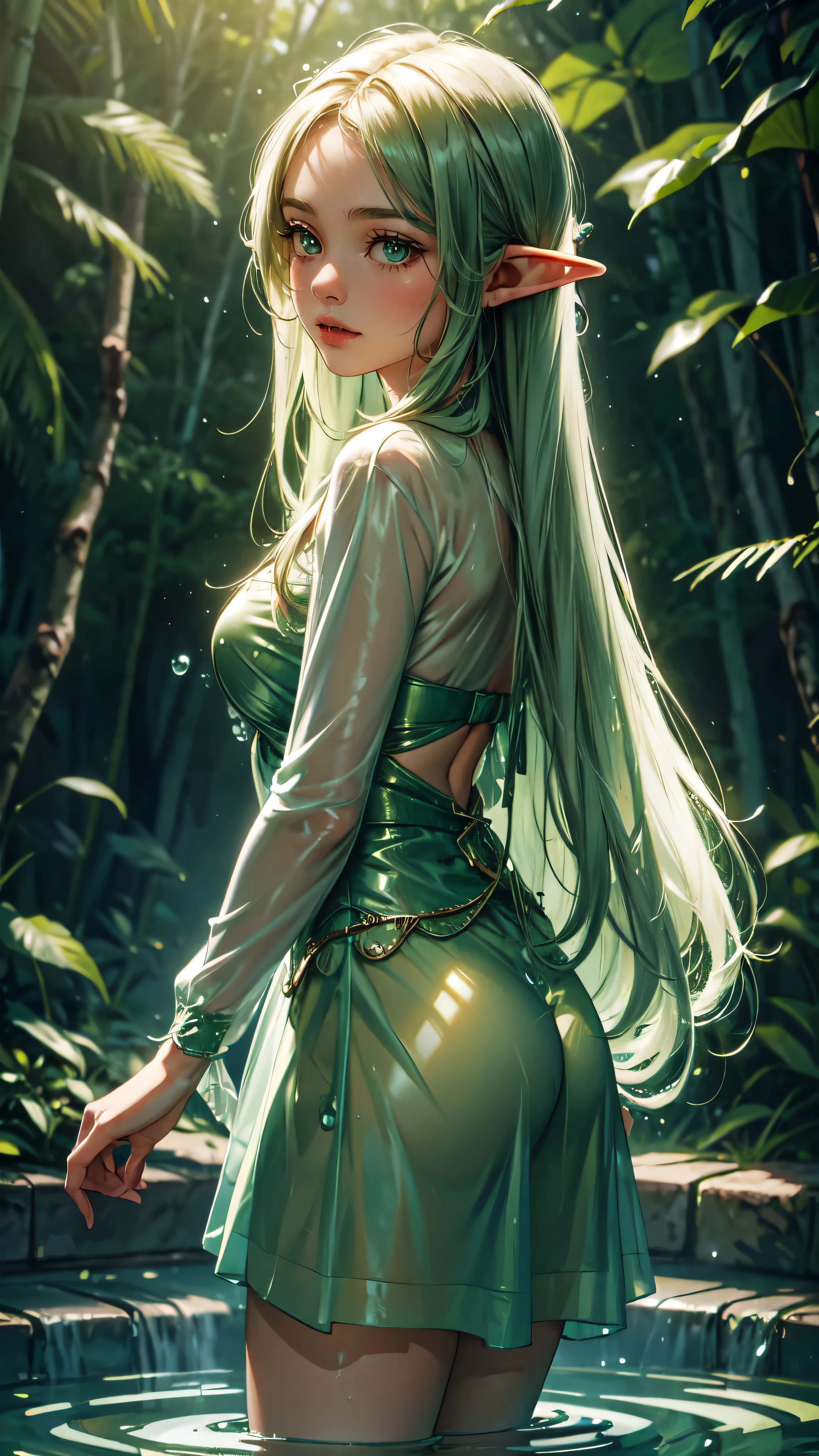 In the forest, a girl, long hair, delicate makeup, green eyes, beautiful facial contours, wet clothes, silk green tights, long skirt, side backlight, translucent, mysterious, sexy, there are also water droplets on the body, damp hair, moist lips, standing in a pool, task focus, low angle,detailed eyes, detailed hands, detailed face, elf woman