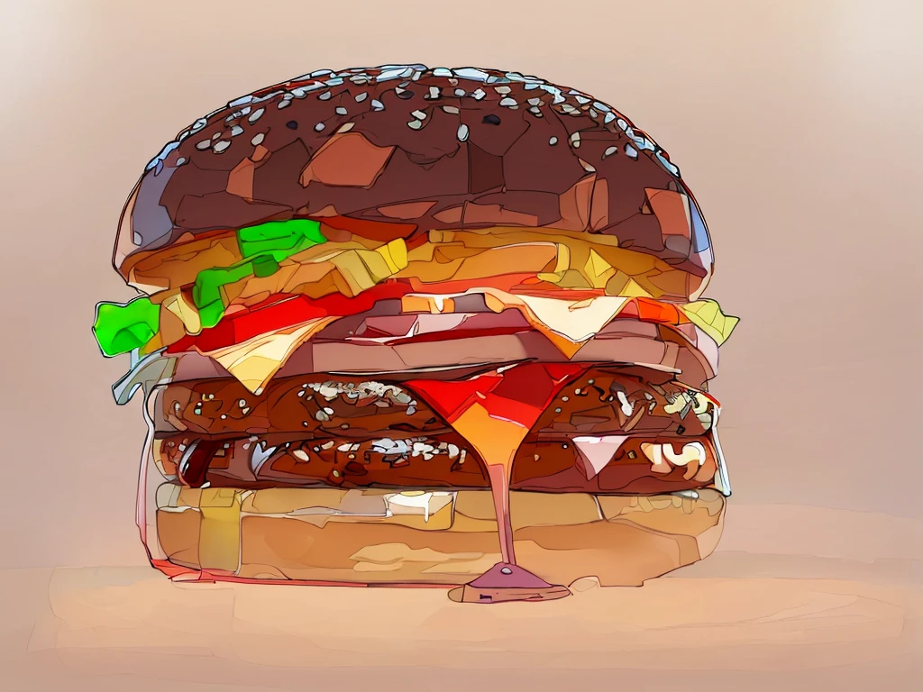 there is a large hamburger with many different toppings on it, big juicy burger, burger with a mouth, cheeseburger, hamburger, burger, super realistic food picture, amazing food illustration, digital painting highly detailed, highly detailed digital painting, hyperrealistic digital painting, detailed painting 4 k,(masterpiece, masterpiece、highest quality)