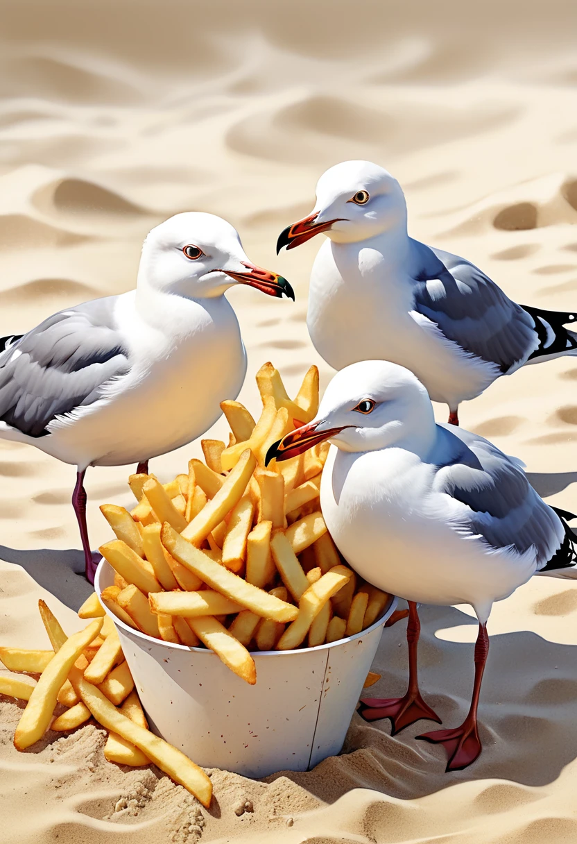 
               （perfect anatomy）A flock of cute seagulls(close up)Eating french fries at the sand stall (No one talks to the store) Detail intricate detailed clear art surreal realism perfect, Beautifully, Intricate illustrations, Textured，Fine brushwork watercolor illustration in artistic masterpiece art style